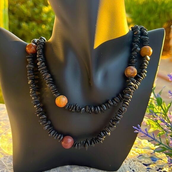 Vintage Natural Raw Black Onyx Chalcedony & Red Creek Jasper Necklace 39” - Picture 1 of 12